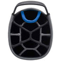 A round gray storage container with a black interior features a hexagonal web structure inside and a blue handle on top designed for organizing items in various contexts such as outdoor activities or home storage