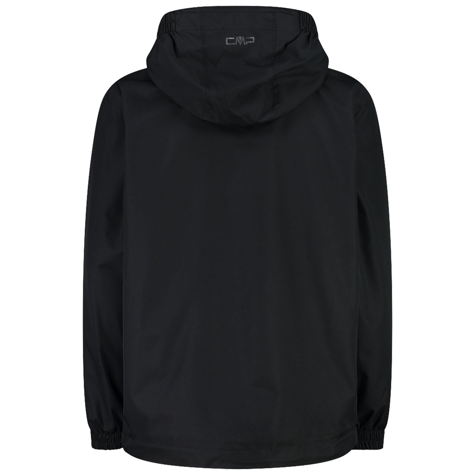 A black jacket is displayed with a hood and elastic cuffs showcasing a simple design without embellishments emphasizing functionality and versatility suitable for various outdoor contexts.