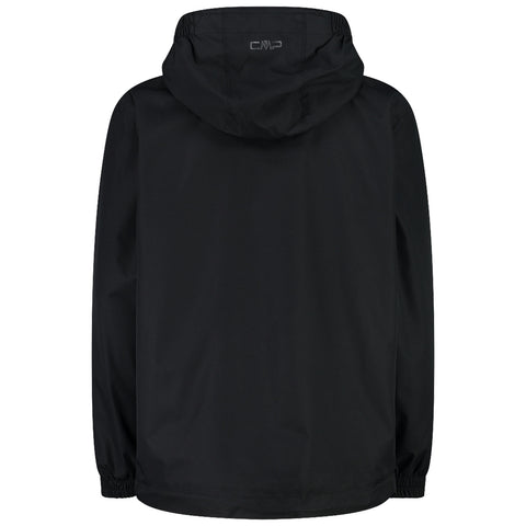 A black jacket is displayed with a hood and elastic cuffs showcasing a simple design without embellishments emphasizing functionality and versatility suitable for various outdoor contexts.