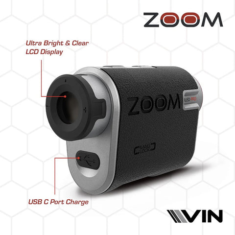 A compact digital device marked with the label ZOOM features an LCD display with a circular eyepiece and USB-C charging port against a hexagonal patterned background.