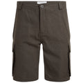 A pair of dark green cargo shorts with multiple side pockets are displayed front-facing showcasing their fabric texture and design details such as the button and waistband.
