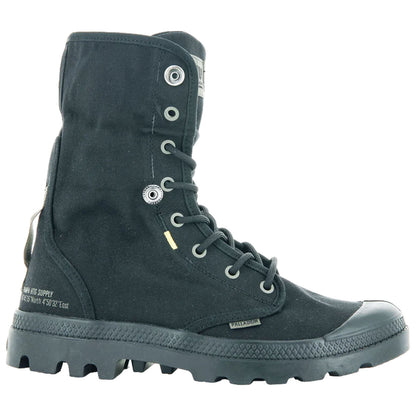 A black high-top boot stands upright showcasing a rugged sole and laces with eyelets for adjustment situated against a plain background emphasizing its design and purpose for outdoor activities.