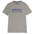 A gray short-sleeved t-shirt displays the text "Dickies WORKWEAR" prominently across the front in blue and gray surrounded by a plain, neutral background.
