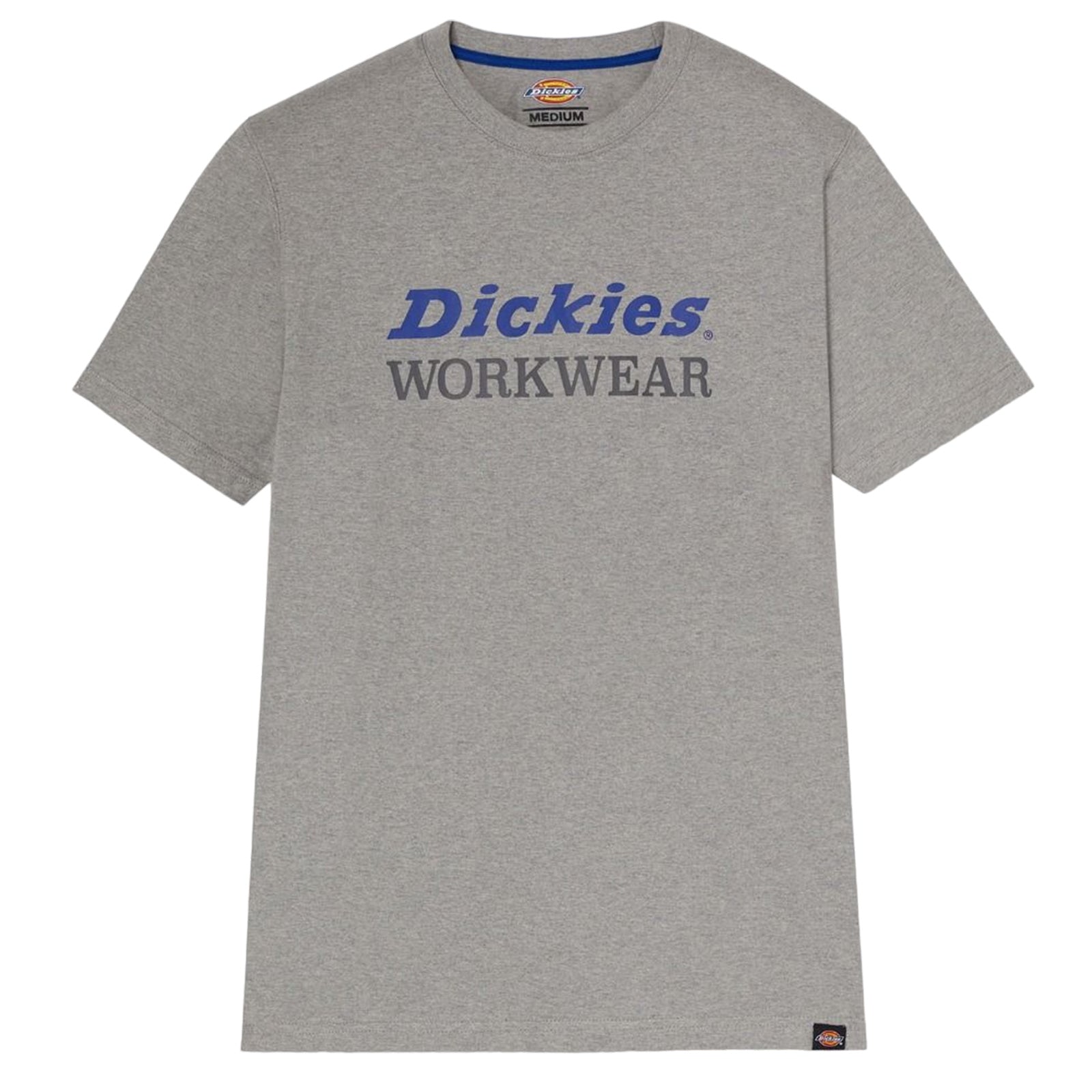 A gray short-sleeved t-shirt displays the text "Dickies WORKWEAR" prominently across the front in blue and gray surrounded by a plain, neutral background.