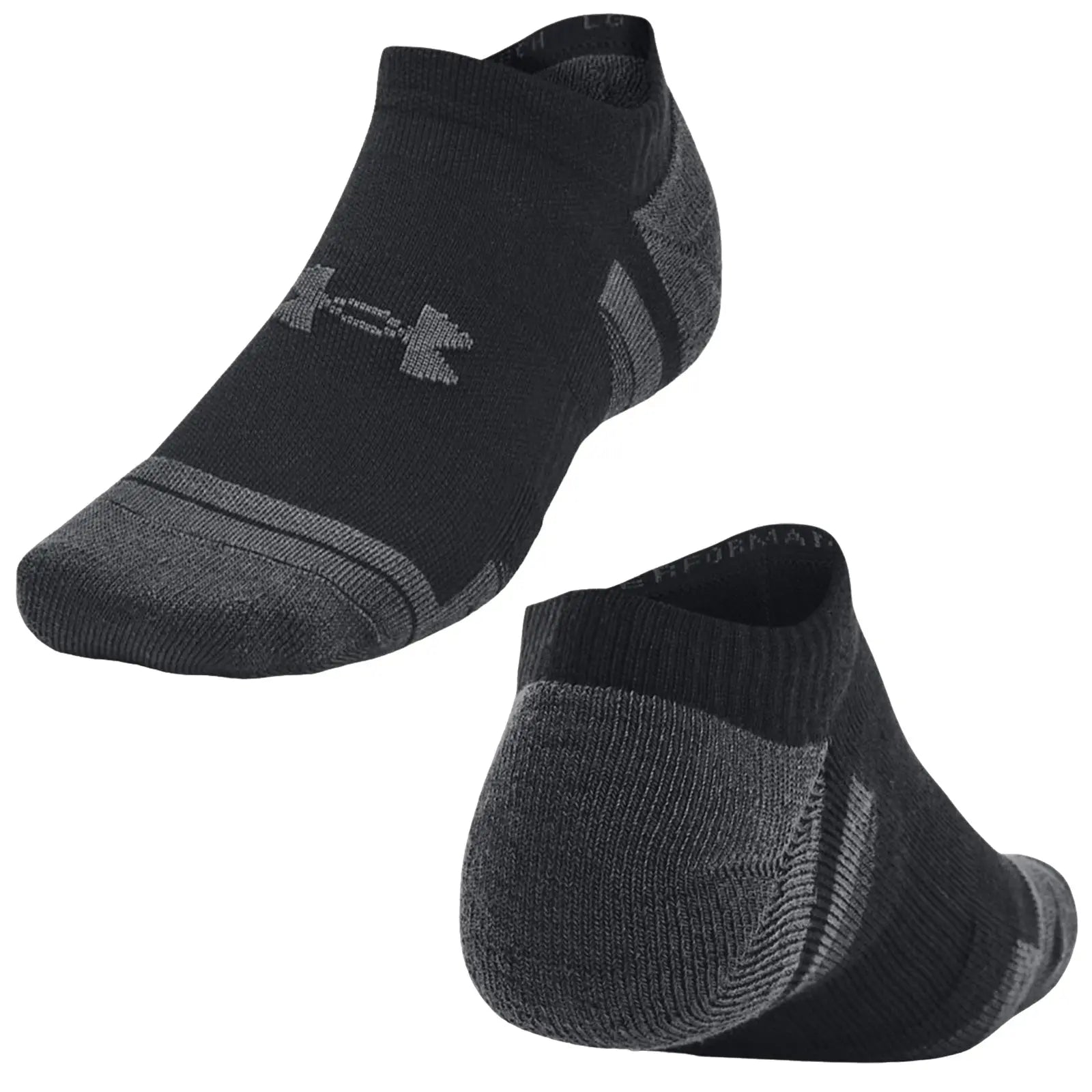 Black athletic socks are shown from different angles displaying a snug fit and a textured design with gray stripes and a logo suggesting a brand focus on performance in active settings.