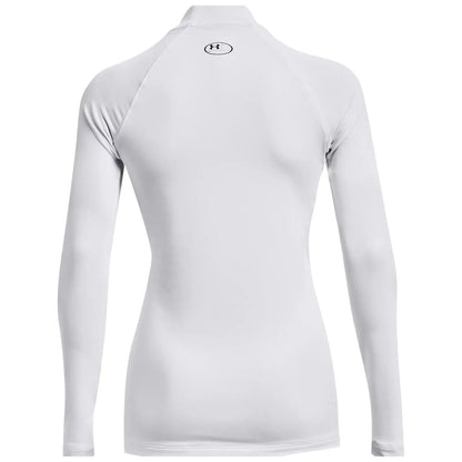 A long-sleeve white athletic shirt is displayed facing away revealing a high collar and a small logo on the upper back in a simple and clean design.