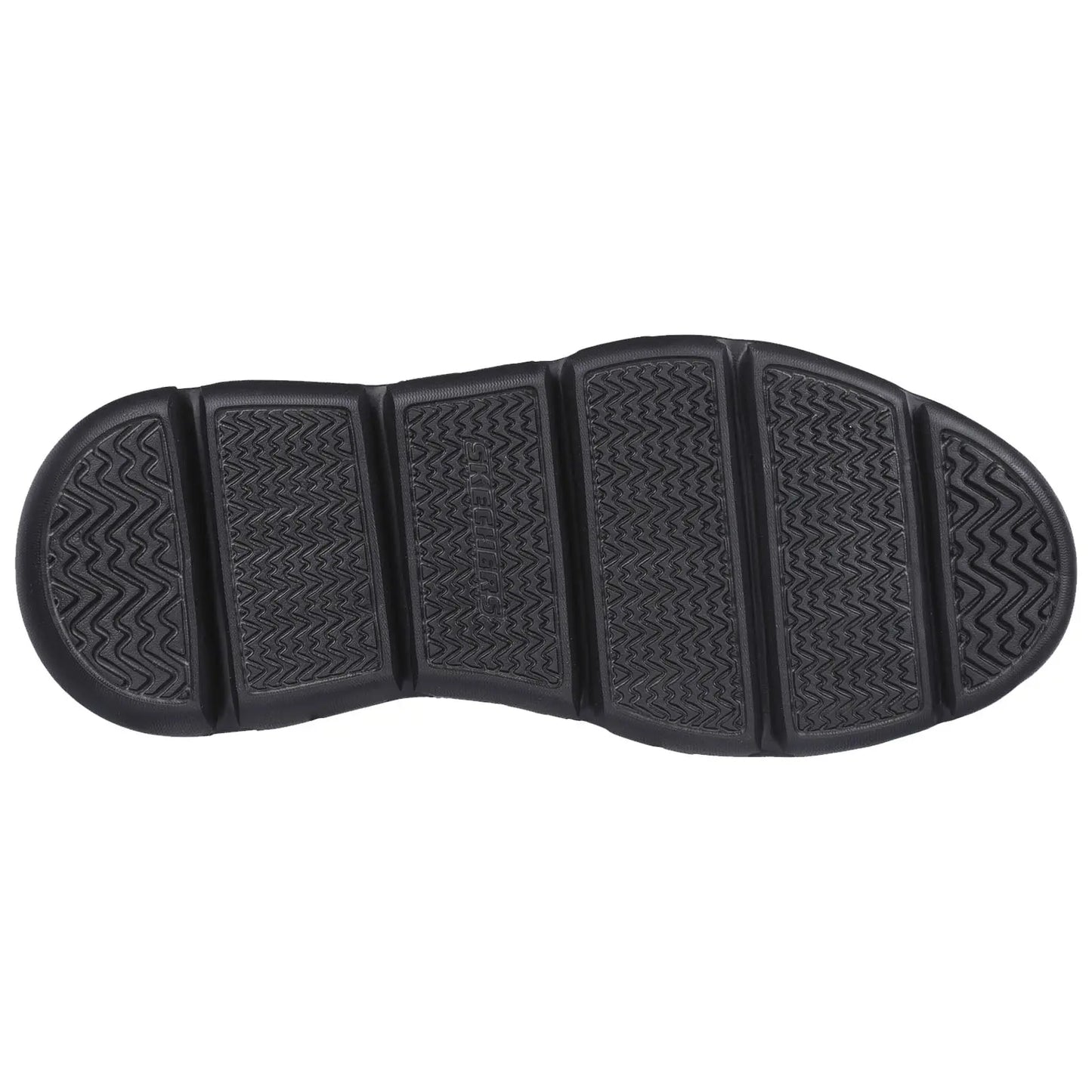 A black rubber shoe sole features a textured surface with grooves and patterns designed for traction resting against a plain white background.