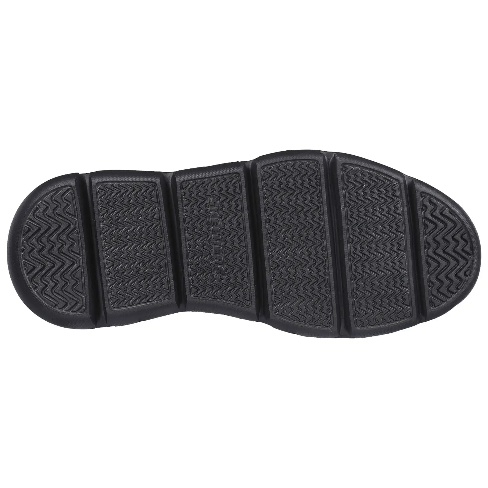 A black rubber shoe sole features a textured surface with grooves and patterns designed for traction resting against a plain white background.