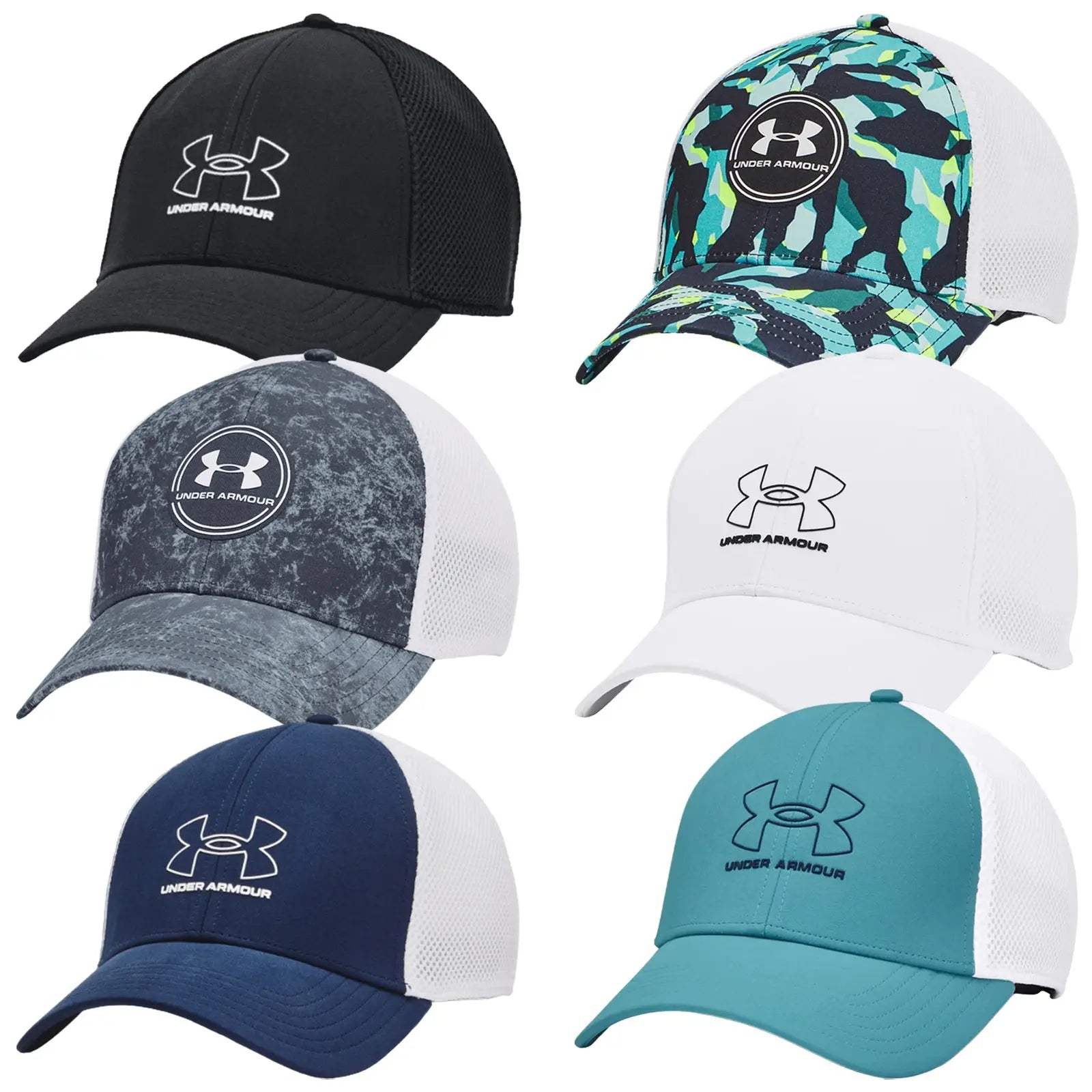 A white mesh-cap with a colorful, patterned brim faces downwards in a neutral setting showcasing its design and material texture with a visible logo on the back.