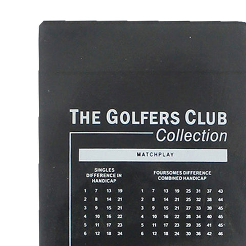Black scorecard titled "THE GOLFERS CLUB Collection" with tables for "MATCHPLAY" detailing "SINGLES DIFFERENCE IN HANDICAP" and "FOURSOMES DIFFERENCE COMBINED HANDICAP" with numerical data for scoring.