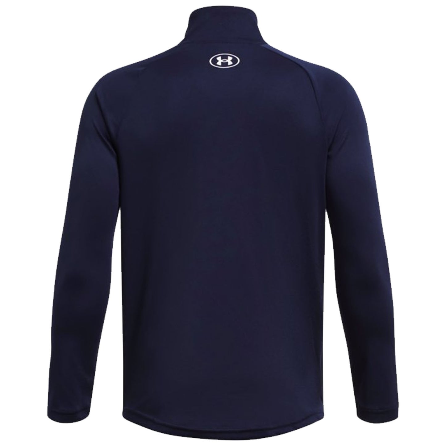 A dark navy long-sleeve shirt is displayed hanging flat against a plain background showcasing its smooth fabric and a high collar with a logo on the back.