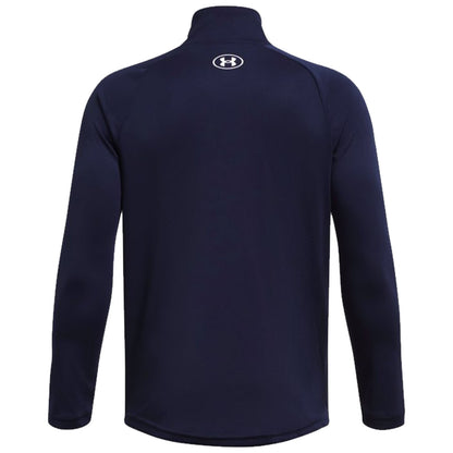 A dark navy long-sleeve shirt is displayed hanging flat against a plain background showcasing its smooth fabric and a high collar with a logo on the back.