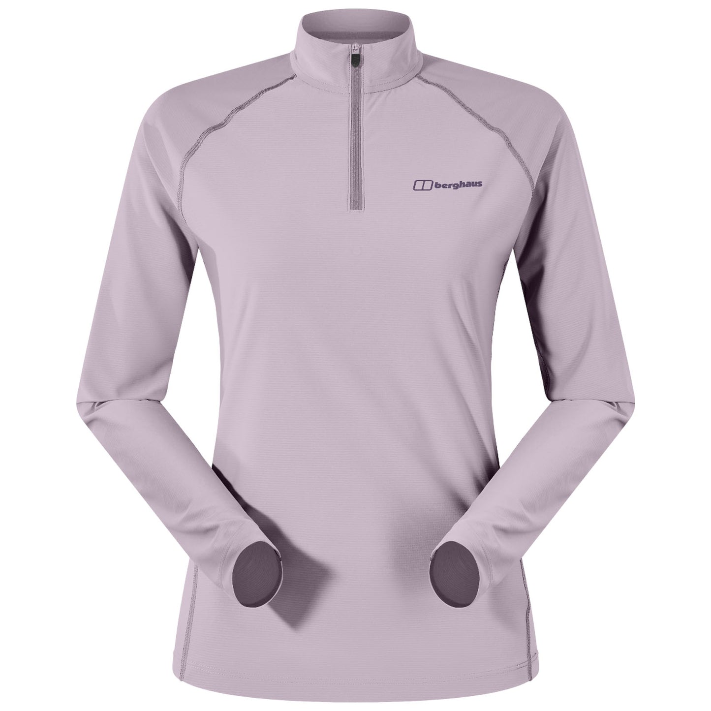 A woman is wearing a bright blue long-sleeve top with a quarter zip and standing in front of a neutral background showcasing both her front and back views.