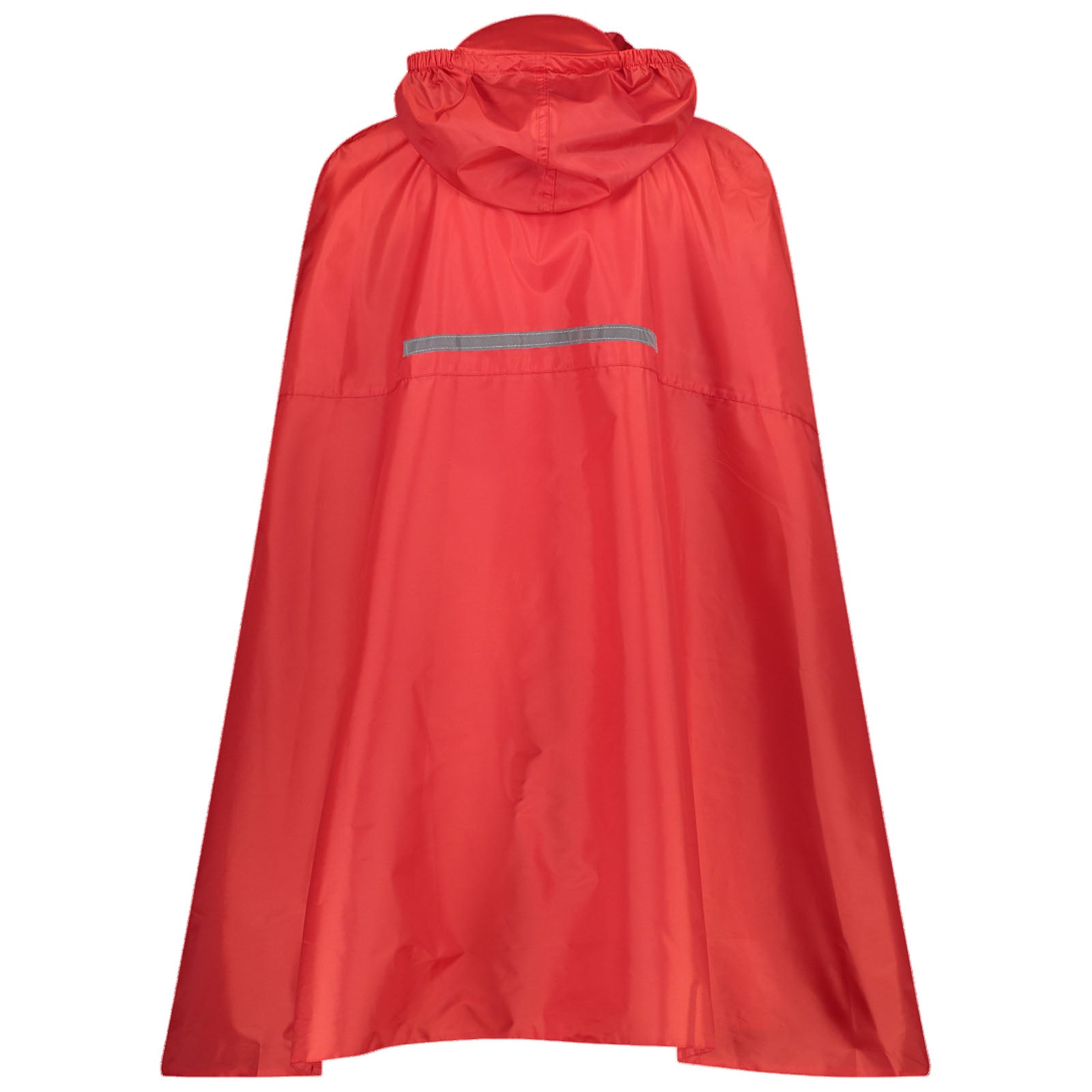 A bright red rain poncho hangs with a hood and a reflective strip across the back designed to provide protection from rain in outdoor settings.