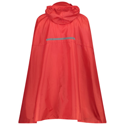 A bright red rain poncho hangs with a hood and a reflective strip across the back designed to provide protection from rain in outdoor settings.