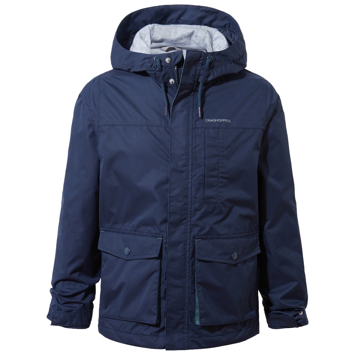A navy blue jacket with a hood is displayed frontally it features a zippered front and two buttoned pockets on the lower front suggesting suitability for outdoor activities.