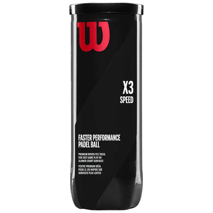 A cylindrical black container labeled "Wilson" holds X3 Speed padel balls designed for fast gameplay on slower court surfaces with premium woven felt for better performance.