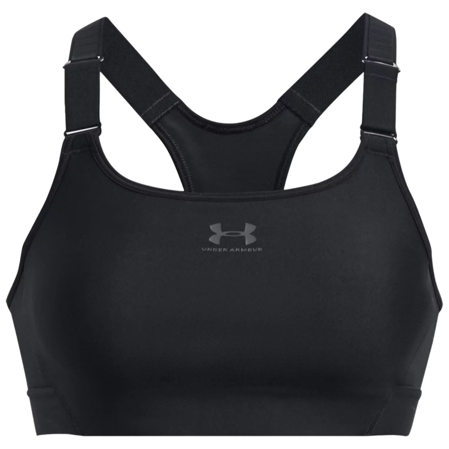 A black sports bra is displayed featuring adjustable straps and a U-shaped back design its context is athletic wear suitable for exercise or physical activity.