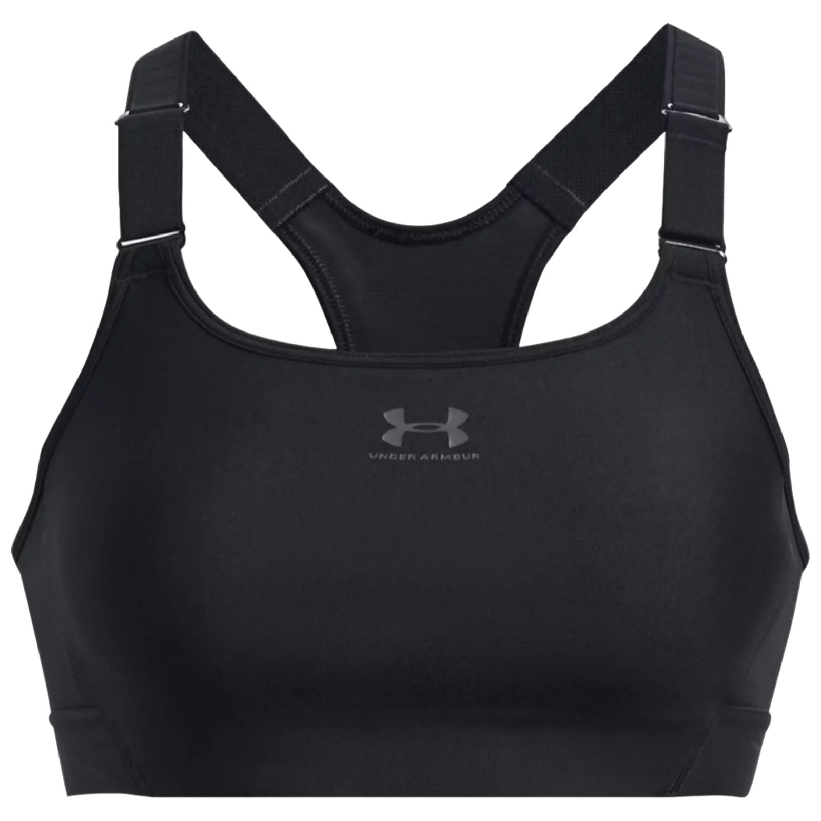 A black sports bra is displayed featuring adjustable straps and a U-shaped back design its context is athletic wear suitable for exercise or physical activity.
