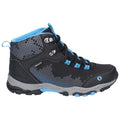 A black and blue waterproof hiking boot stands upright with a patterned design on the side showcasing laces and eyelets indicating functionality for outdoor activities.