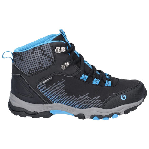 A black and blue waterproof hiking boot stands upright with a patterned design on the side showcasing laces and eyelets indicating functionality for outdoor activities.