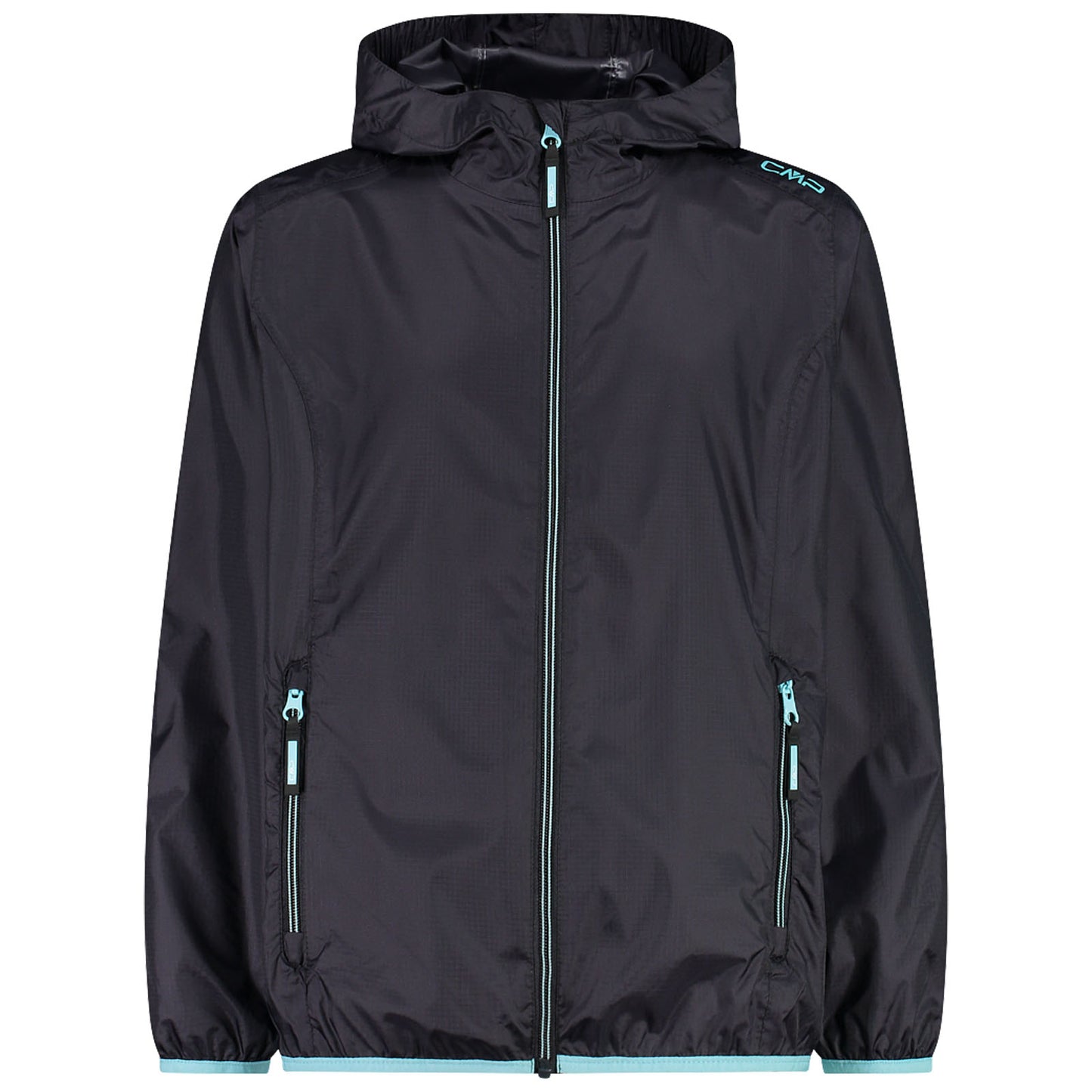 A black windbreaker jacket hangs upright showing a full front zipper and a hood with contrasting light blue accents and zipper pulls in a neutral background.