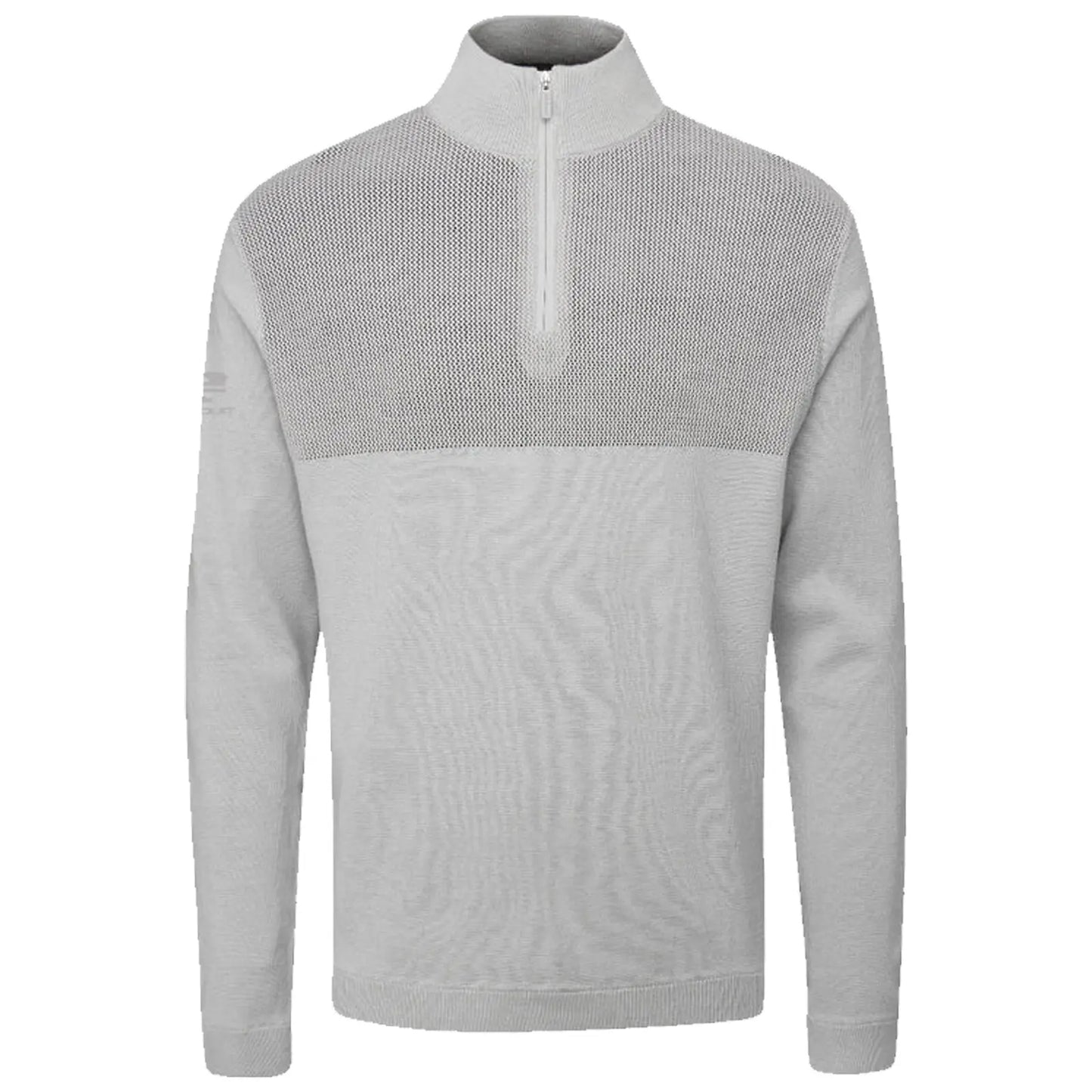 A gray zip-up pullover with a textured upper section and long sleeves is displayed on a white background showcasing a sporty design suitable for casual wear or athletic activities.