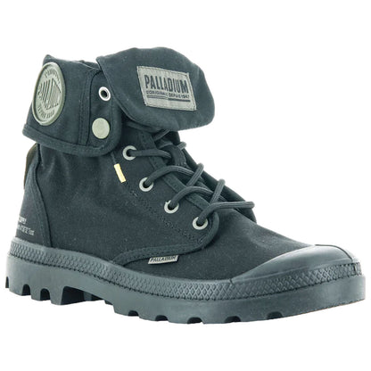 A black ankle boot with laces and a foldable collar rests on a flat surface showcasing a rugged sole and branding on the side and collar designed for casual or outdoor use.