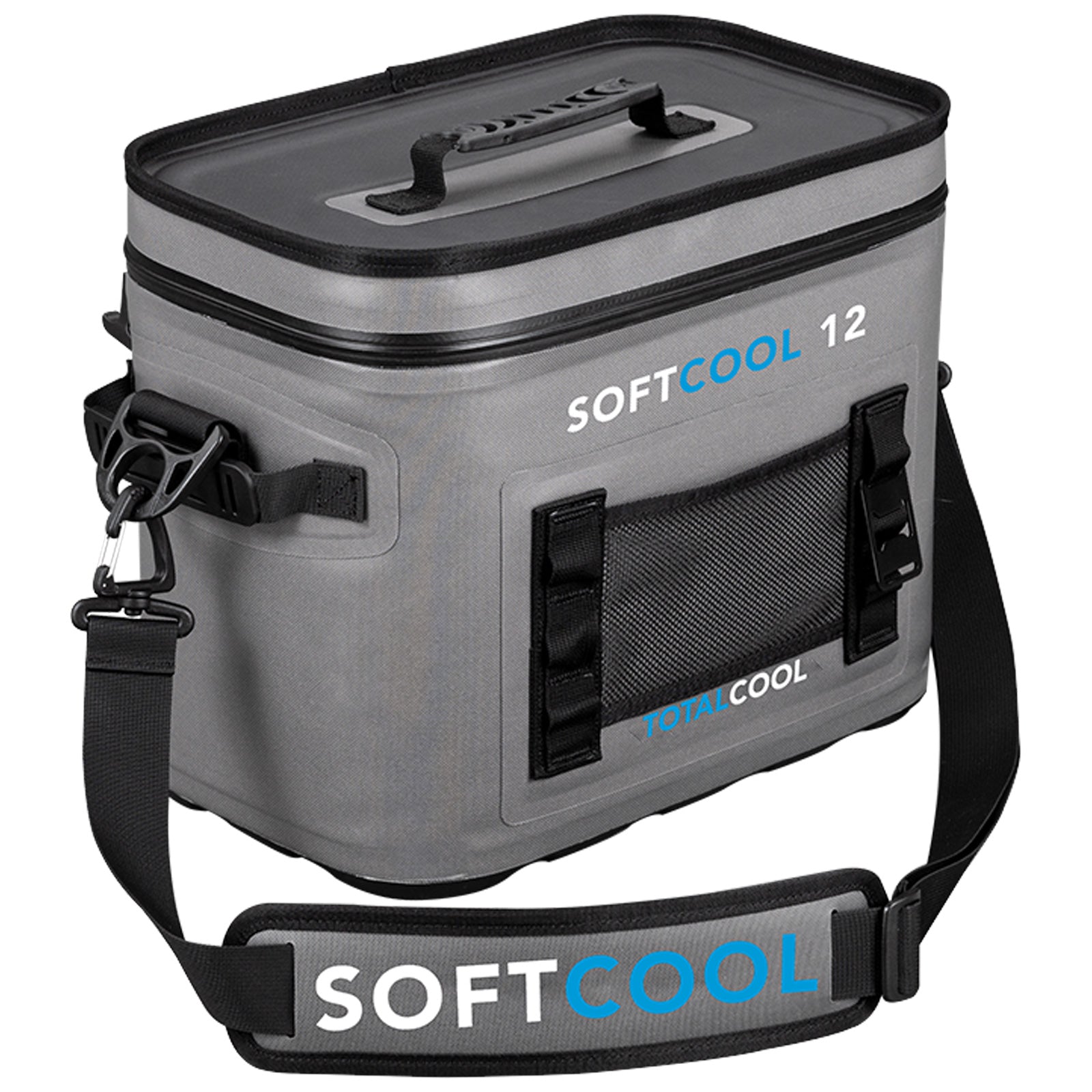 A rectangular soft cooler with a gray exterior holds liquids and food while being carried using a detachable shoulder strap featuring the text SOFTCOOL and TOTALCOOL on its sides.