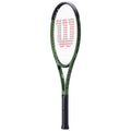 A tennis racket with a green frame and black handle is displayed upright with a white string pattern and a prominent red "W" logo in the center of the strings.