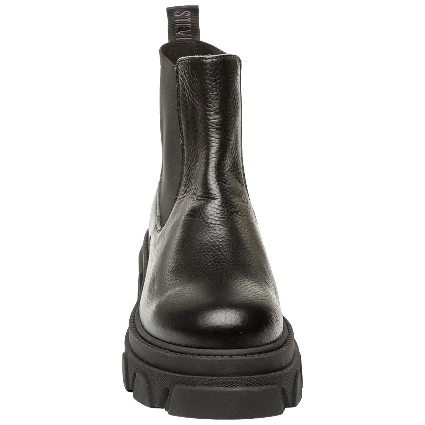 A pair of black leather ankle boots stands upright with a thick sole and a pull tab at the back showcasing a sleek design suitable for casual or semi-formal wear.