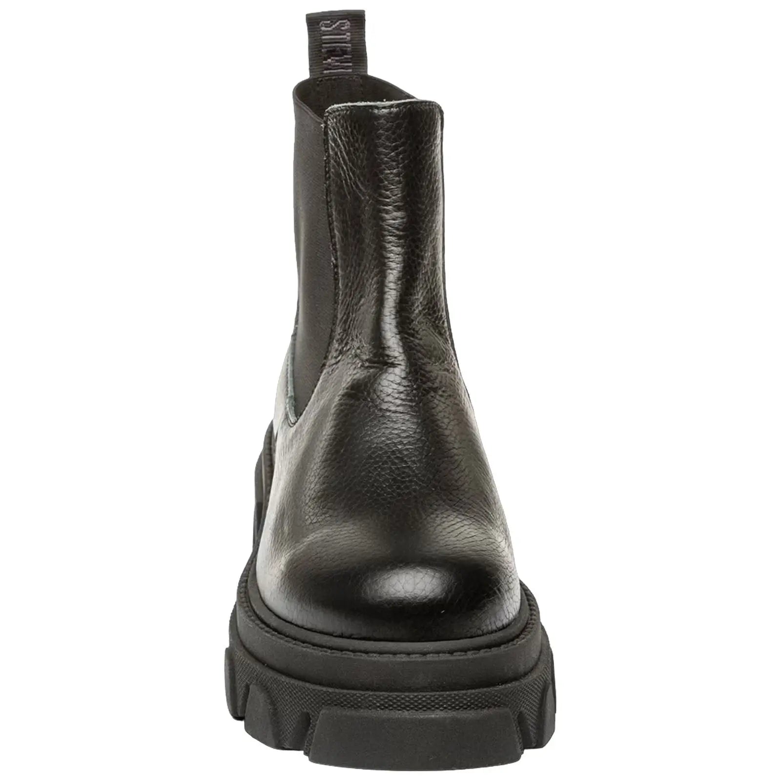 A pair of black leather ankle boots stands upright with a thick sole and a pull tab at the back showcasing a sleek design suitable for casual or semi-formal wear.