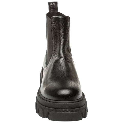 A pair of black leather ankle boots stands upright with a thick sole and a pull tab at the back showcasing a sleek design suitable for casual or semi-formal wear.