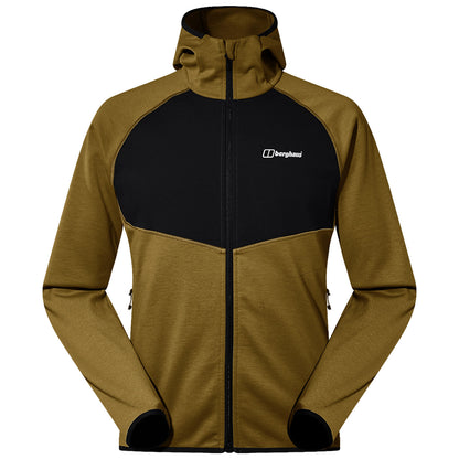 A hooded jacket is displayed with a blend of olive green and black colors featuring a zipper down the front and logo branding on the chest set against a plain white background.