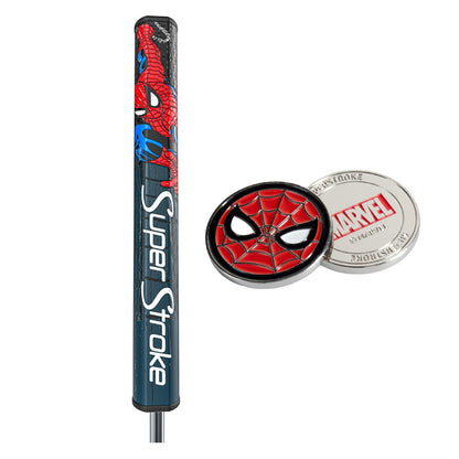 A golf putter grip features a design of Spider-Man alongside the Super Stroke brand. Two coins are included, one with a Spider-Man logo and the other with a Marvel logo.