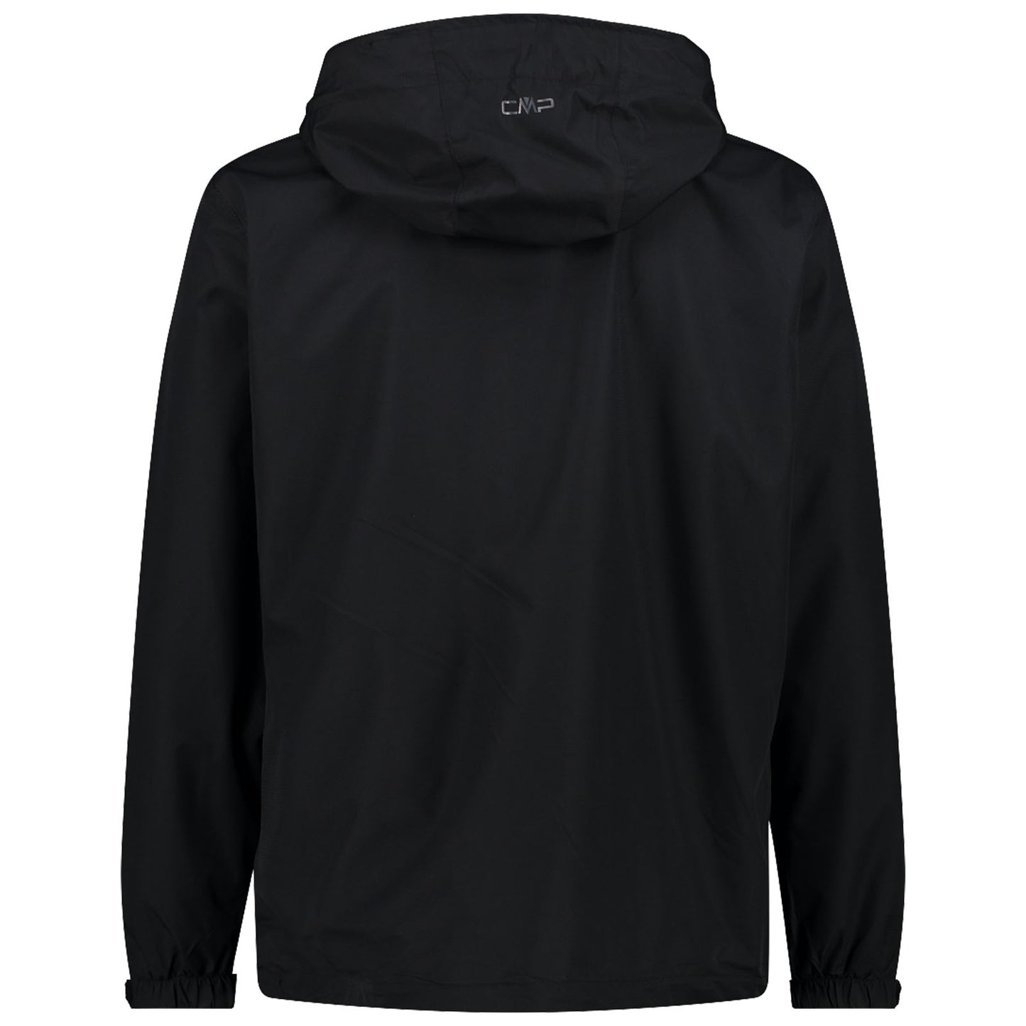 A black hooded jacket hangs upright with its back view visible featuring elastic cuffs and minimal detailing suggesting a casual outdoor context suitable for varying weather conditions.