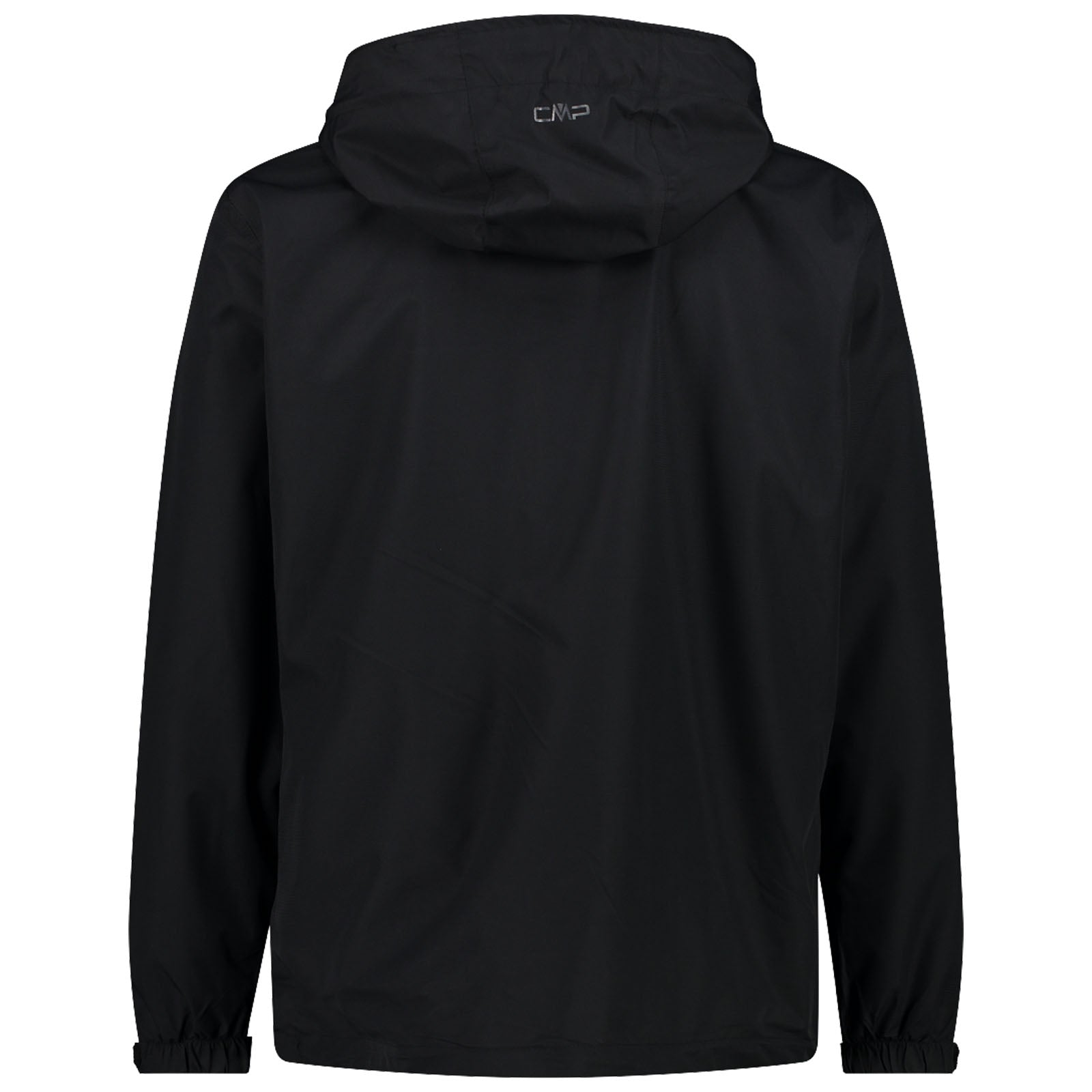 A black hooded jacket hangs upright with its back view visible featuring elastic cuffs and minimal detailing suggesting a casual outdoor context suitable for varying weather conditions.