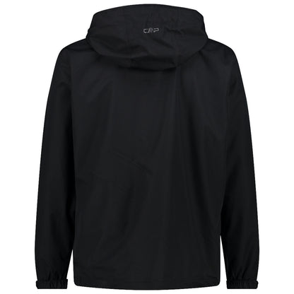 A black hooded jacket hangs upright with its back view visible featuring elastic cuffs and minimal detailing suggesting a casual outdoor context suitable for varying weather conditions.