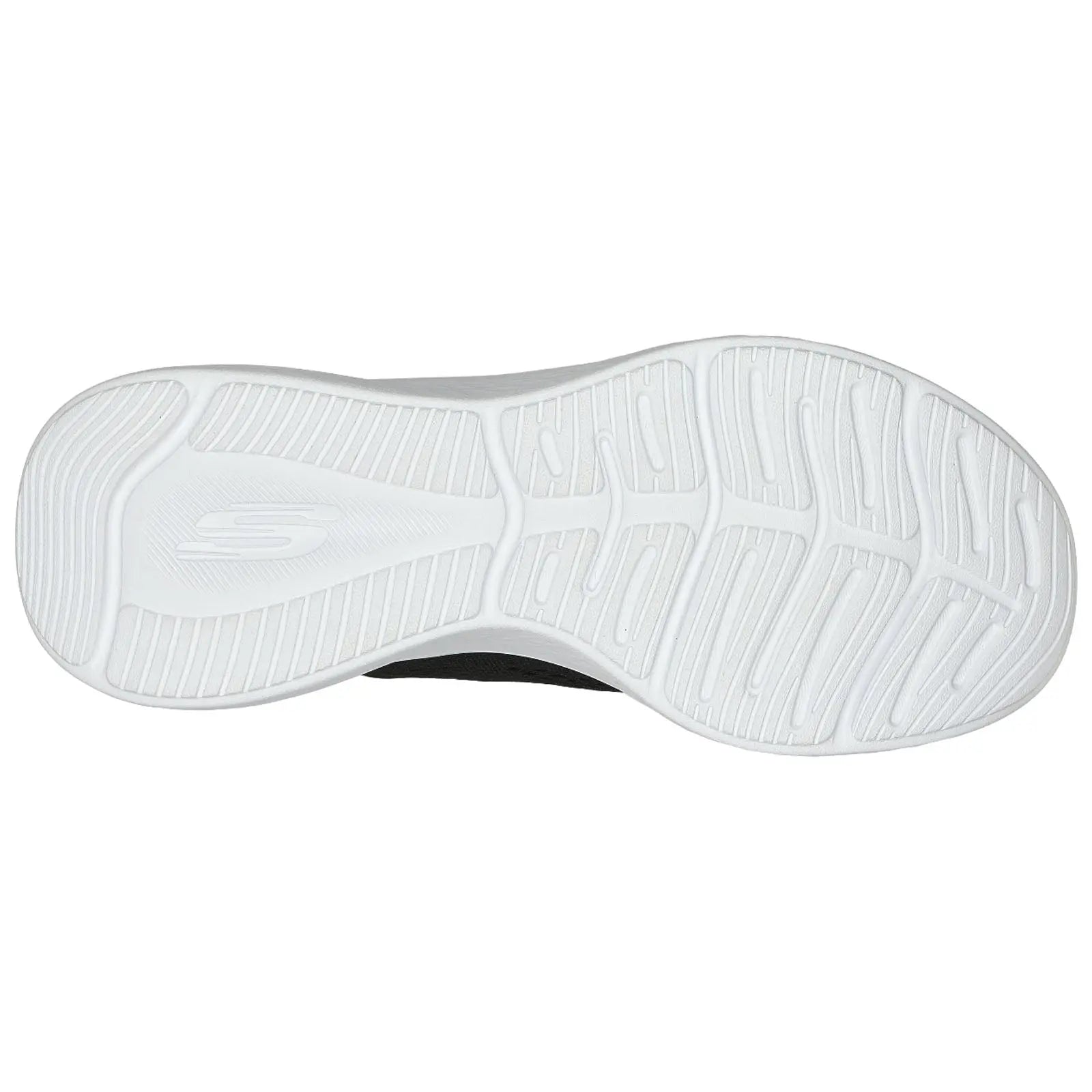 A white shoe sole is displayed with a textured pattern designed for traction while in motion on various surfaces, indicating its purpose for athletic or casual wear.