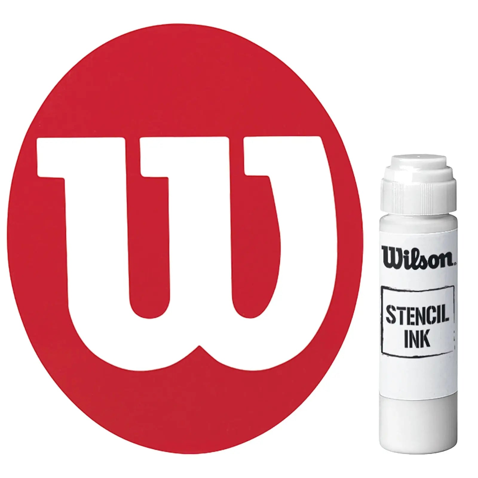 A white bottle of stencil ink labeled Wilson is positioned next to a red circular logo featuring a prominent white stylized letter W against a plain background.