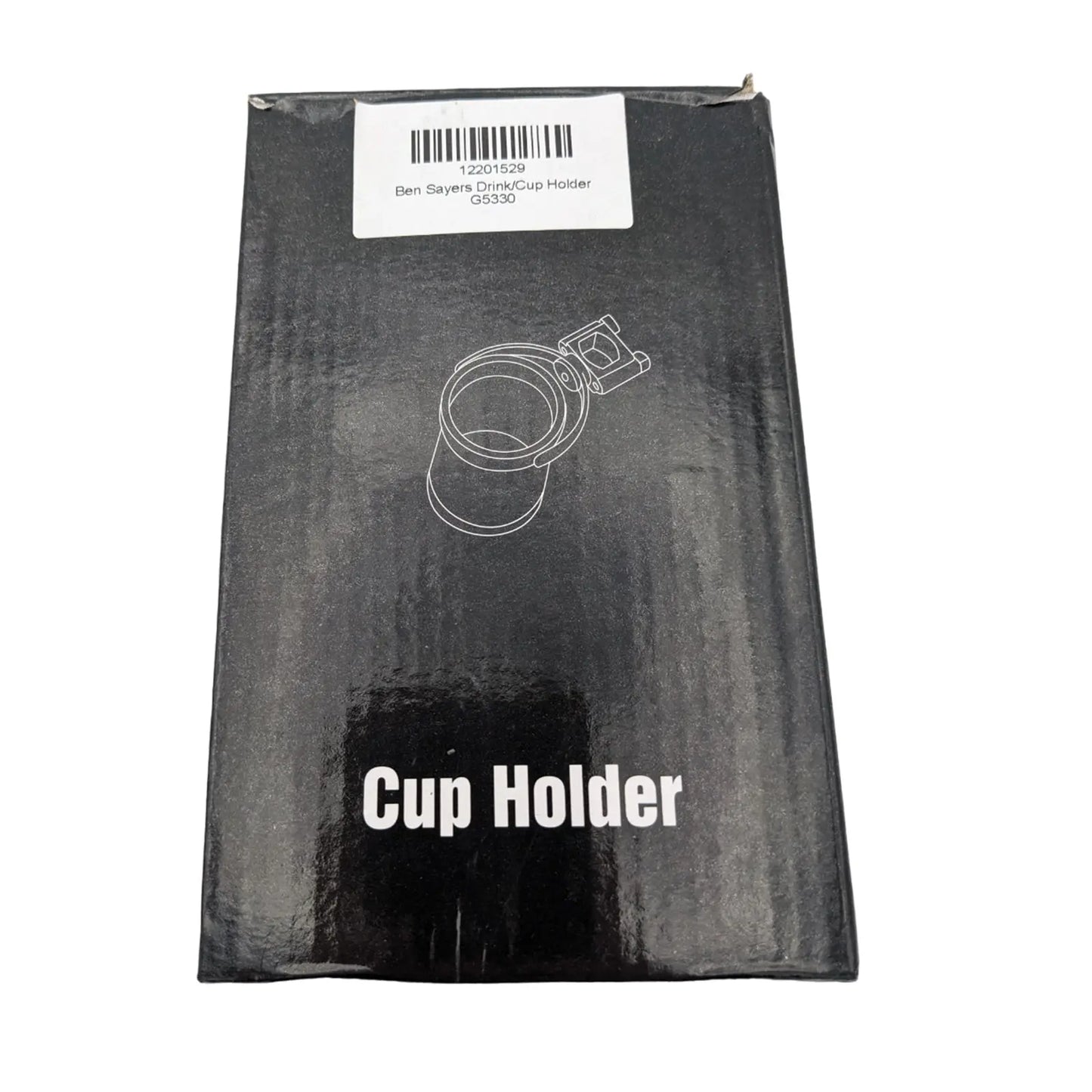 Black packaging features a white illustration of a cup holder alongside text identifying it as a "Cup Holder" and displaying the label with product details and a barcode.