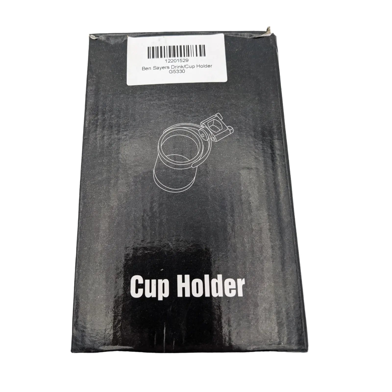 Black packaging features a white illustration of a cup holder alongside text identifying it as a "Cup Holder" and displaying the label with product details and a barcode.