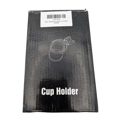 Black packaging features a white illustration of a cup holder alongside text identifying it as a "Cup Holder" and displaying the label with product details and a barcode.