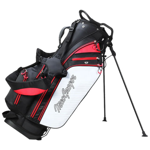 A black and red golf bag stands upright with extendable legs showcasing multiple zippered pockets and a branded logo while providing a convenient storage solution for golf clubs and accessories.