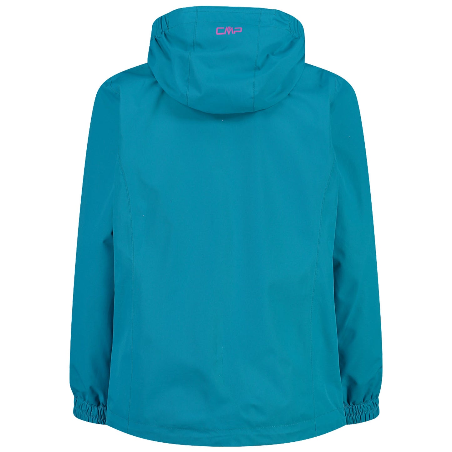 A teal jacket with a hood is displayed hanging straight. The style is casual with elastic cuffs and a logo on the back, suitable for outdoor activities in various weather conditions.