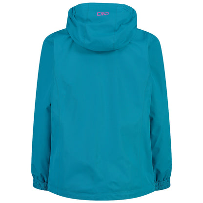 A teal jacket with a hood is displayed hanging straight. The style is casual with elastic cuffs and a logo on the back, suitable for outdoor activities in various weather conditions.