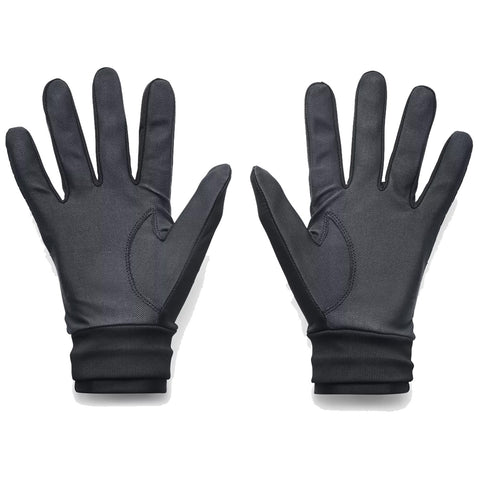 Two black gloves are positioned palm up showcasing their textured surface and fitted wrist cuff designed for warmth and grip in outdoor activities.