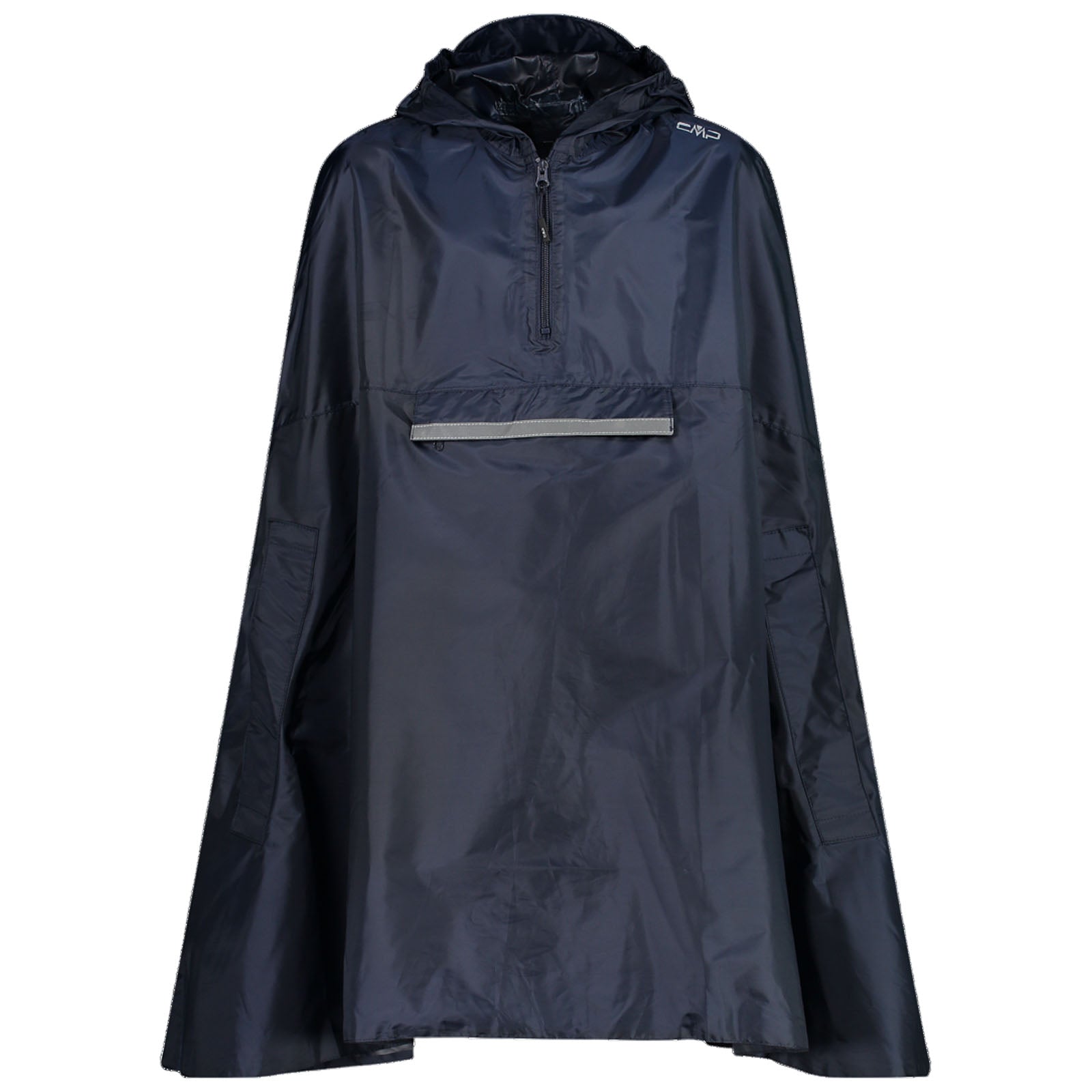 A dark blue rain poncho with a hood is displayed frontally it features a zippered neck opening a reflective strip and side pockets designed for protection against rain in outdoor settings