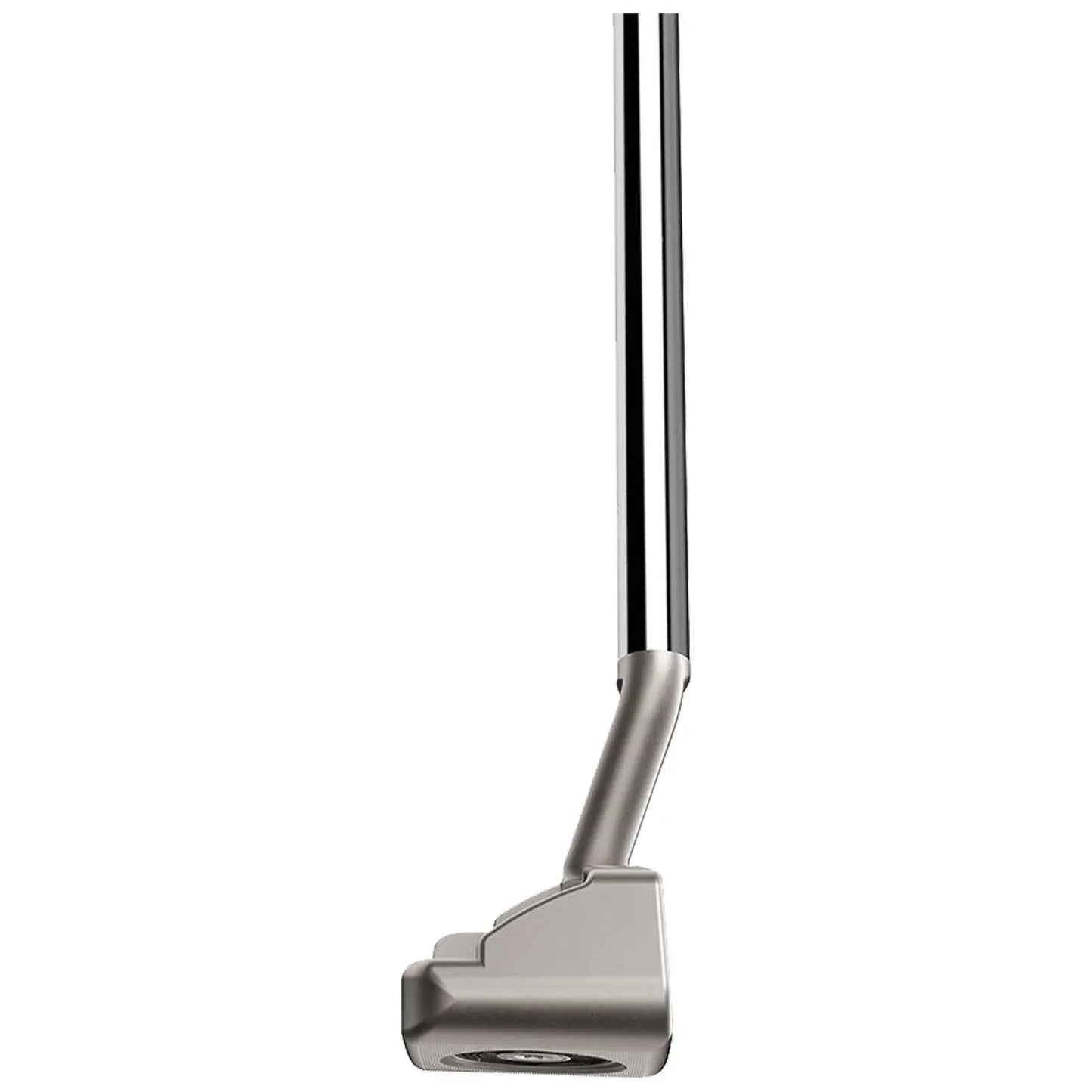 A golf putter stands vertically showcasing its sleek metallic shaft and angled clubhead designed for precision during putting on a golf course or practice green.