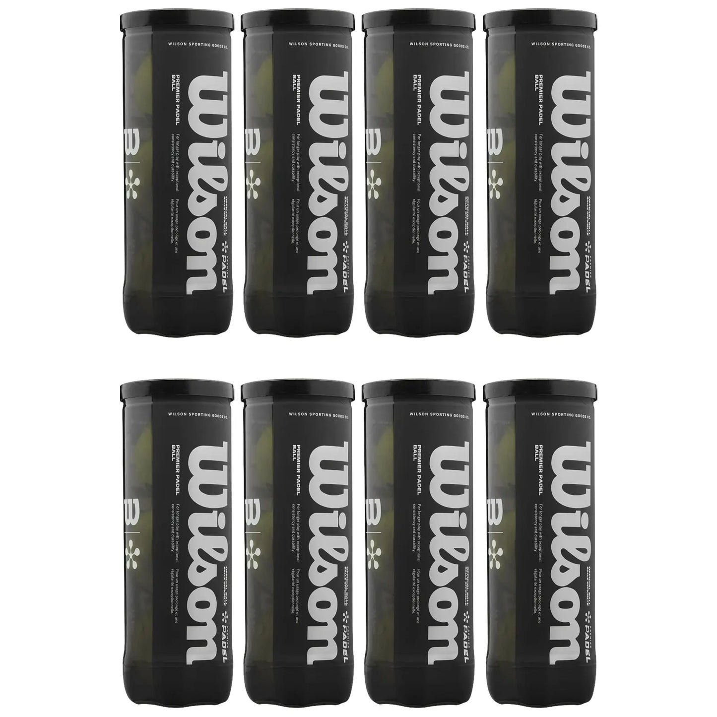 Nine black containers labeled "Wilson" display white text and green contents, arranged in a grid formation, each container likely holding sporting goods such as balls for recreational activities.